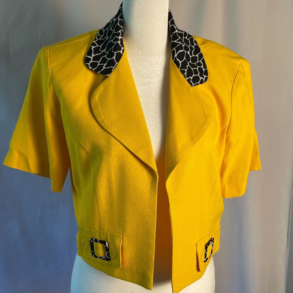 VTG 80s 90s Dawn Joy Yellow Cropped Blazer Short Sleeve Animal Print Collar 8